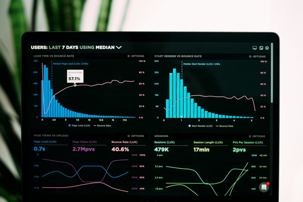 Laptop displaying a growth analytics chart on a desk